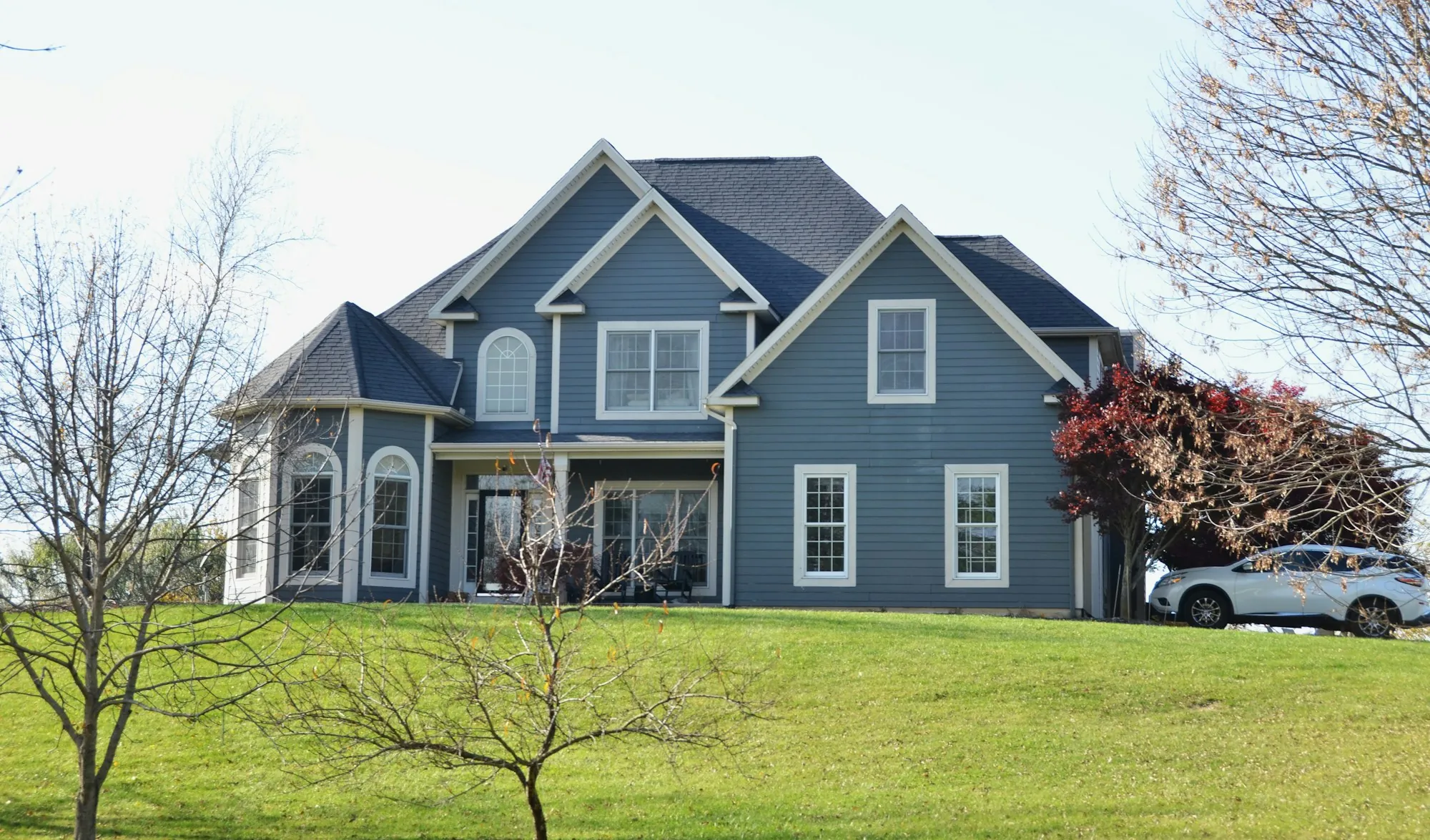 Blue-gray two-story family house
