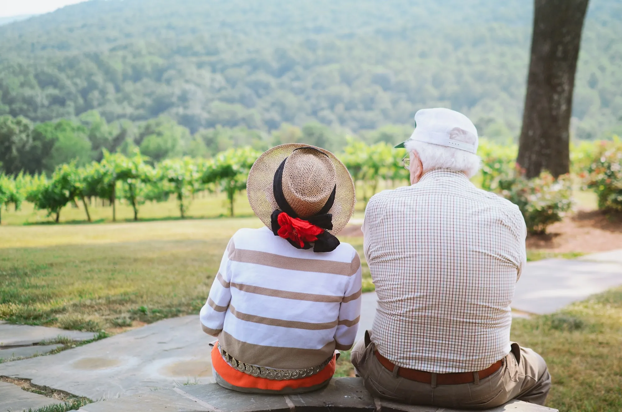 Older couple sitting side by side on a park bench